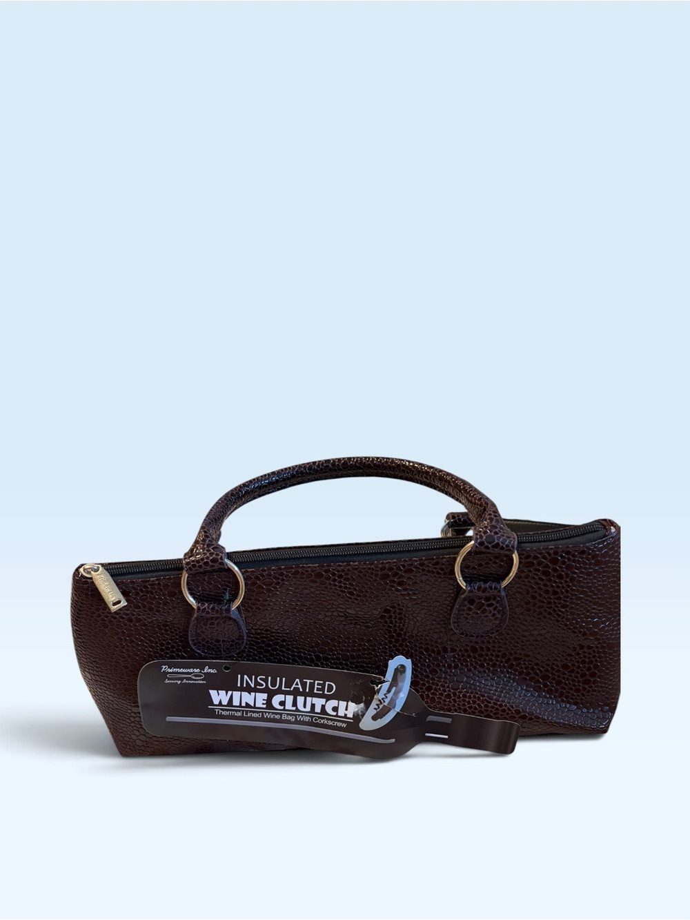 Insulated Wine Clutch Tote - Brown Faux Leather